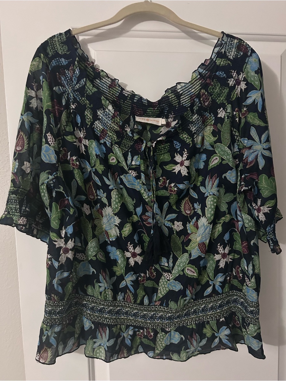 Tory Burch Black Floral Peasant Blouse with Green and Blue Print